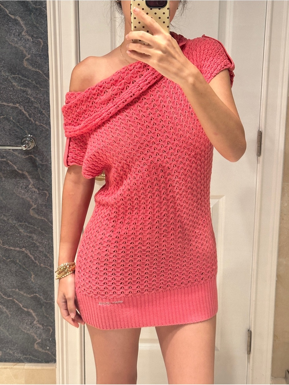 DKNY Coral Pink Off-Shoulder Knit Sweater Dress